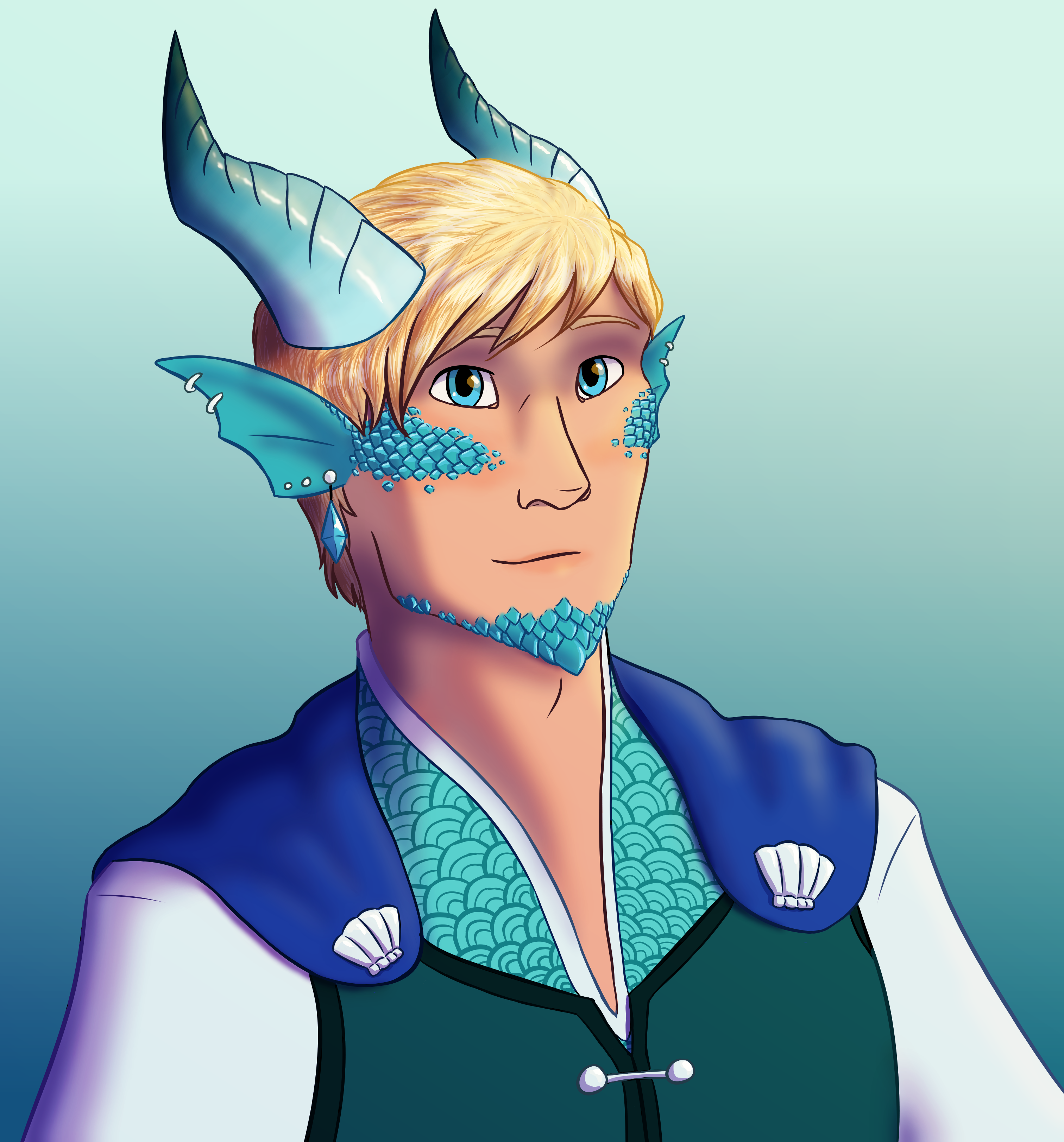 A digital drawing of a pale half-elf facing the camera and smiling. He has blond hair and kind blue eyes, as well as blue dragon scales, webbed ears, and two blue horns. He wears a teal vest and a blue cloak.